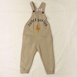 NWOT - Zara Knit Overalls "Super Genius" with Lightening bolt - Size 12-18mo
